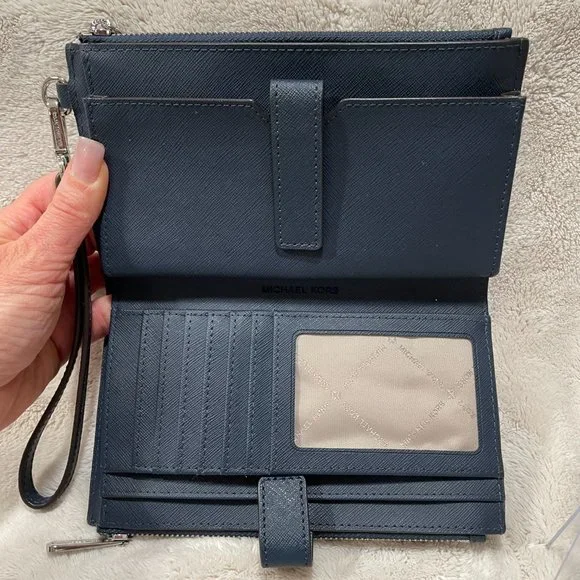 Michael Kors Jet Set Travel Large Double Zip Phone Wallet Wristlet Navy Leather - Picture 10 of 16